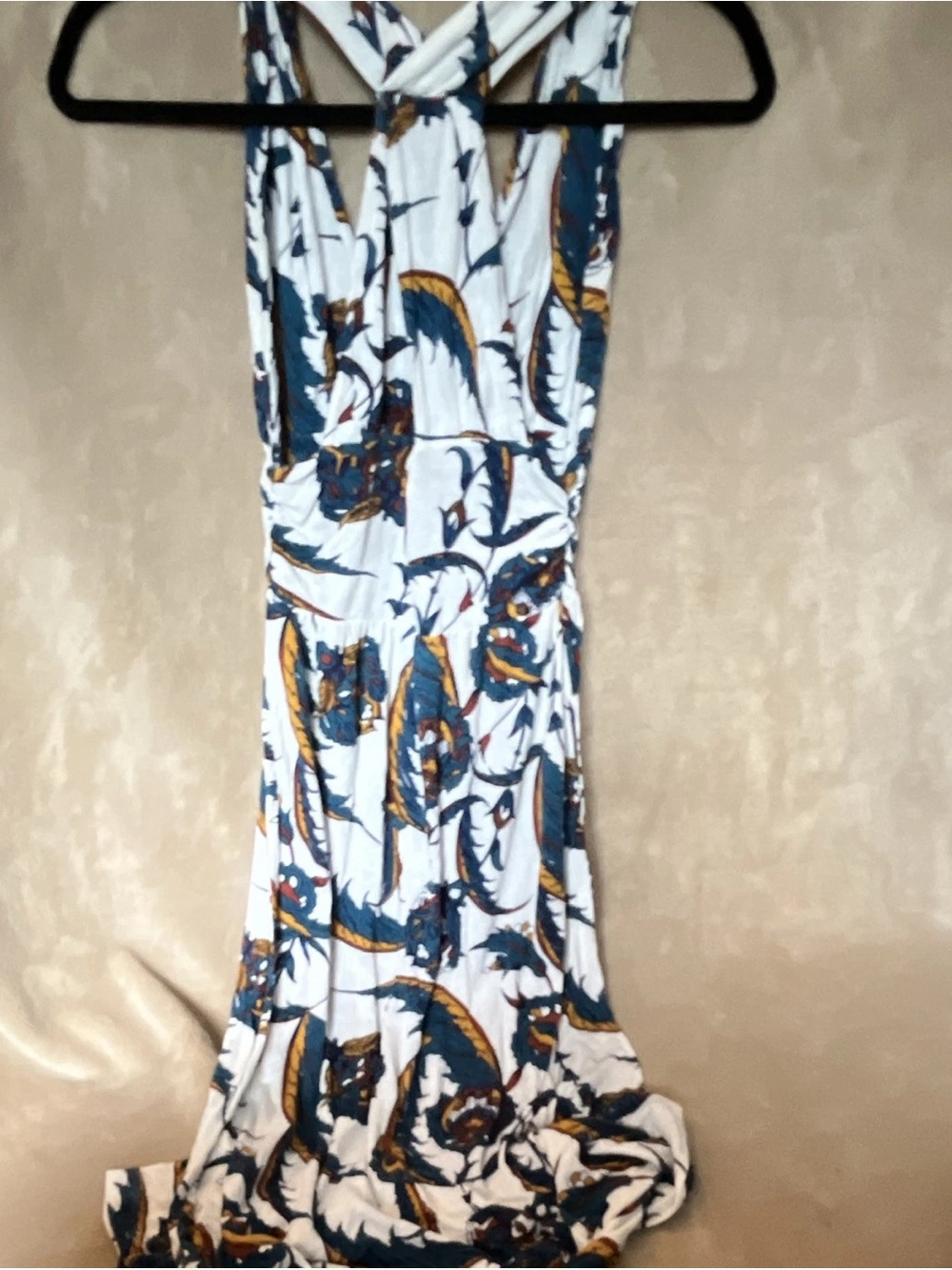 H&M White Maxi Dress with Blue and Gold Leaf Print